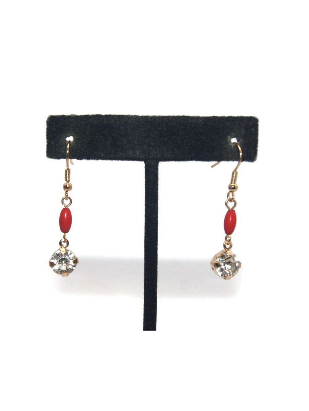 Vintage Gold Tone, Red Plastic and Clear Rhinestone Dangle Earrings.